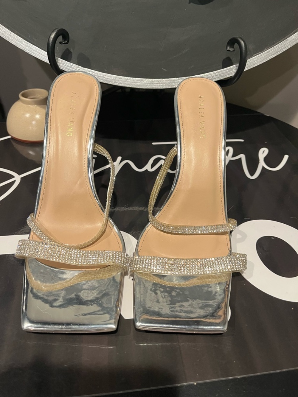 Azalea Wang Silver Crystal Strap Heel Sandals Size 10